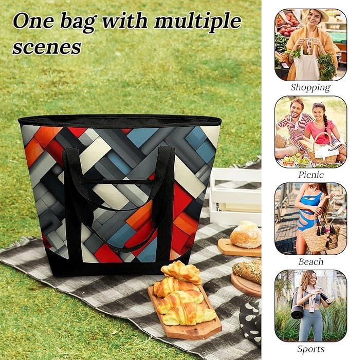 Insulated Shopping BagLarge Reusable Cooler Bags Diagonal Geometric Printed Foldable Shopping BagTravel Waterproof Shoulder Bag