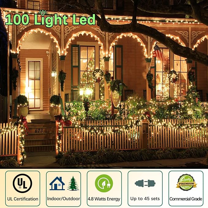 50ft 100 Counts Warm White Christmas Lights - White Christmas Lights Commercial Grade Outdoor Waterproof Soft White Christmas Lights Indoor 5mm Wide Angle Green Wire IP:65 UL