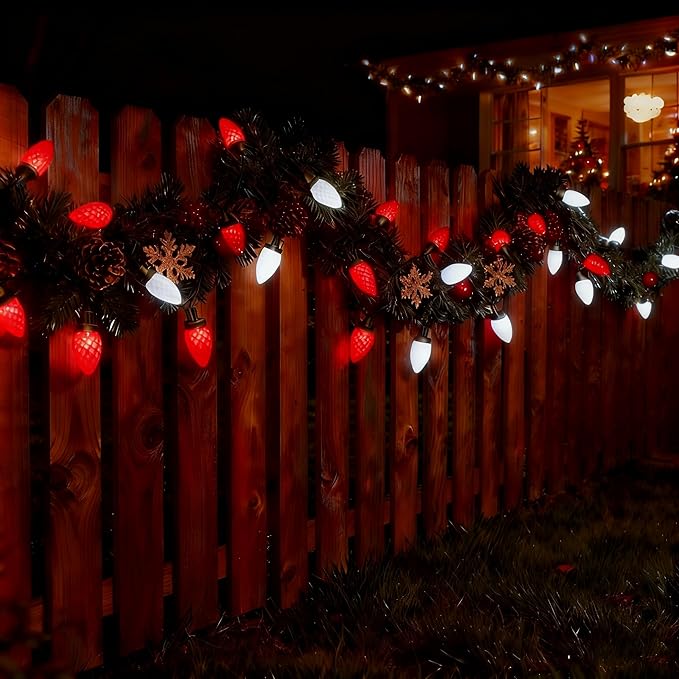 C9 LED Christmas Lights Outdoor33 Feet 50 LED 8 Lighting Modes Waterproof Connectable Christmas String Lights for Outside Roofline Patio Home Xmas Decorations (Red &amp White)