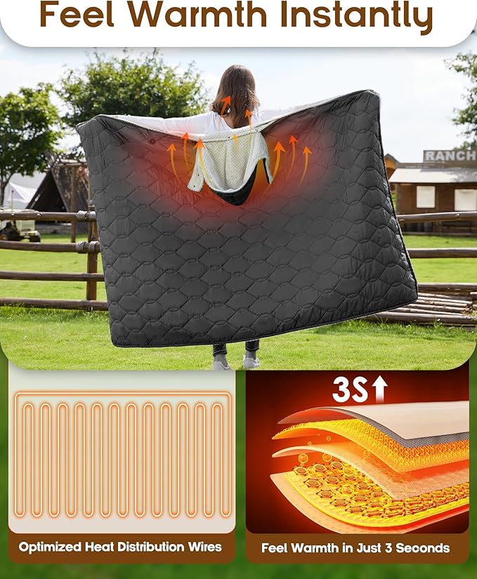 12V Battery Powered Heated Camping Blanket with Detachable Hood Heated Cordless Blanket with 15000 mAh Battery Wearable Car Blanket (Black)