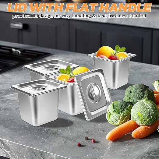 LANIAKEA 6PCS Hotel Pans with Lids Stainless Steel Steam Table Pan Restaurant Supplies 1/6 Size x 6 inch Deep Stainless Steam Table Pans Hotel Pan Trays for Food Party Catering Supplies