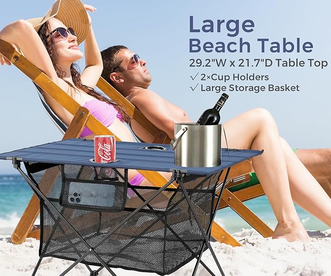 Lightweight Camping Table - Portable Folding Beach Side Table w/2 Cup Holders &amp Large Storage Basket Compact Fold for Tailgate Travel Outdoor Fishing Picnic | 29.2 W x 21.7 D (Blue)