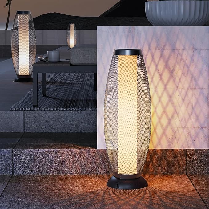 Solar Yard Solar Outdoor Floor Lamp Metal Wire Shade LED Modern Outdoor Flickering Lantern Weather Resistant for Balcony Porch Garden Pathway Black