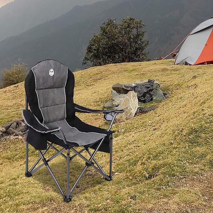 Northroad Oversized Portable Camping Chair Full Padded Outdoor Folding Chair Support 350 LBS Heavy Duty Lawn Chair with Cup Holder Cooler Bag Lumbar Support Head Pocket for Adult-Black
