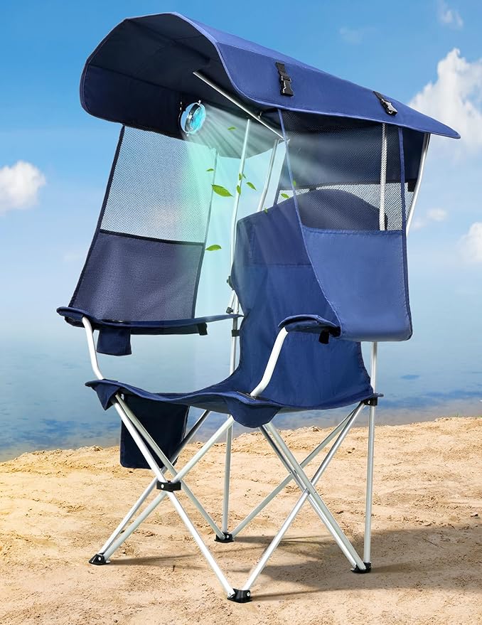 Beach Chair with Canopy Shade and Fan – 360° Rotatable &amp 3-Speed Airflow Camping Chair with Canopy and Powerful &amp Quiet Fan Cup Holder Side Pocket – Supports 330 LBS