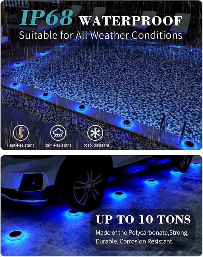 6 Packs Solar Driveway Lights Outdoor IP68 Waterproof Blue Deck Step Lights Solar Powered Solar Stair Light Stick on LED Light for Dock Garage Pool Fence Garden Pathway