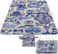 Blue and White Folk Chinese Chinoiserie Style Waterproof Outdoor Picnic Blanket Sandproof Beach Mat for Camping Hiking Grass Travelling