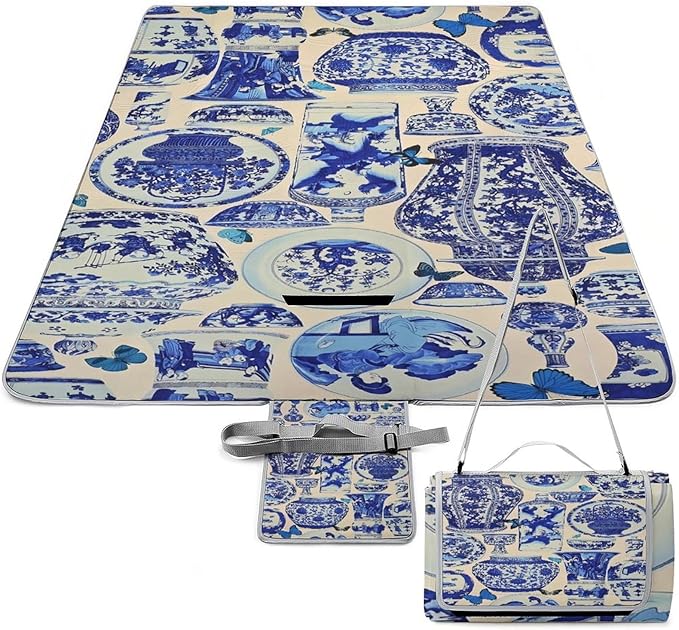 Blue and White Folk Chinese Chinoiserie Style Waterproof Outdoor Picnic Blanket Sandproof Beach Mat for Camping Hiking Grass Travelling