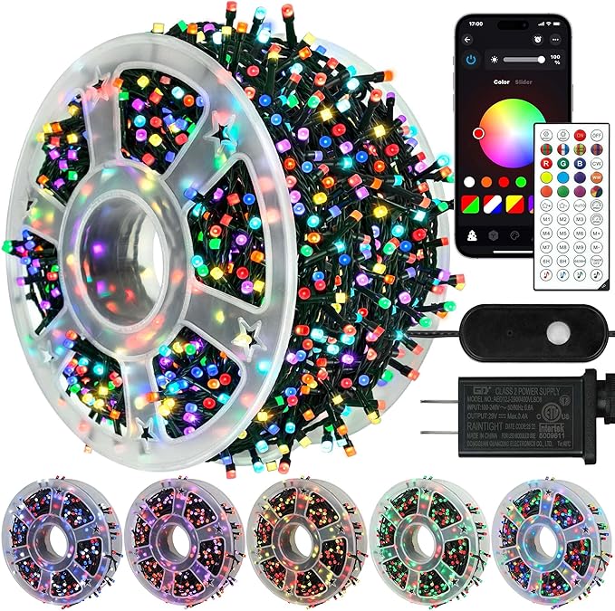 kemooie 164 FT 500 LED Christmas Lights Outdoor RGB Color Changing Lights with Remote &amp APP Control 9 Modes Plug in Green Wire Fairy Lights for Indoor Outdoor Room Garden Christmas Tree Party De