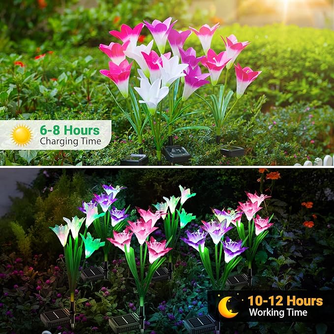 WdtPro Solar Lights Outdoor Garden Decorative 6 Pack Waterproof Solar Garden Lights with 24 Lily Flowers Color Changing LED Solar Powered Landscape Lights for Outside Yard Patio DecorGifts