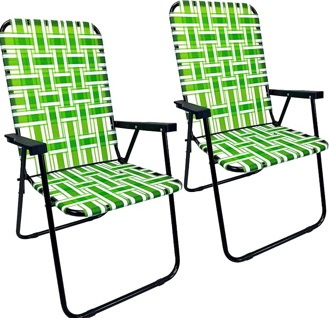 Lawn Chair Folding Steel Webbing Chaise Patio Lounger Seat Wood Handles Great for Camping Beach Fishing Backyard Stadium Pool Boating and Sports 2 Pack Green