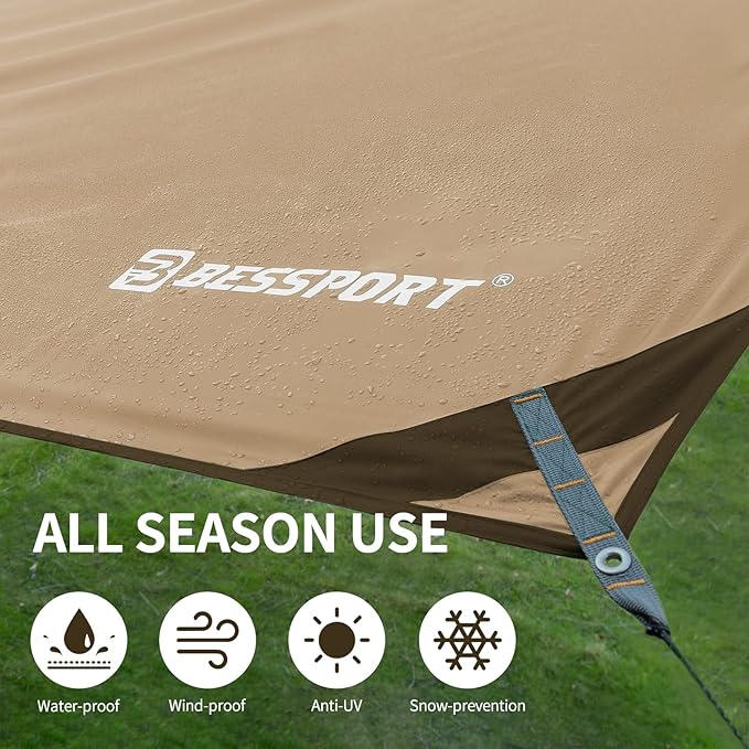 Bessport Camping Tarp 16×9.8FT with 2 Poles Portable Multifunctional Backpacking PU 3000mm Waterproof Rain Fly Hammock Tarp for OutdoorTraveling Hilking