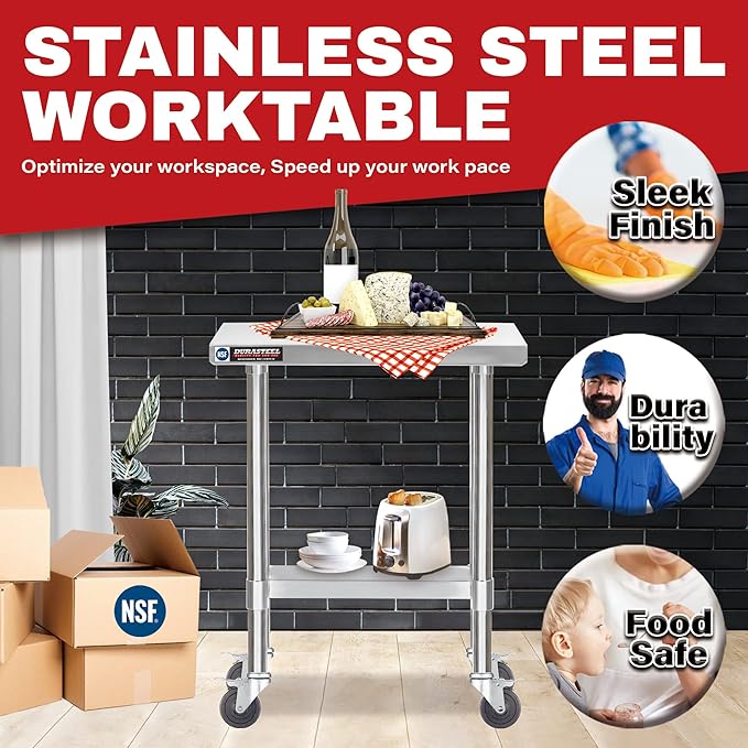 DuraSteel 30x12 NSF Stainless Steel Cart - Heavy Duty Rolling Food Prep Table with Undershelf - Metal Utility Cart for Commercial Restaurant Kitchen Laundry Side Mixer Stand