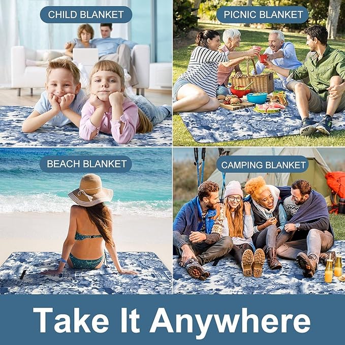 Blue and White Chinese Style Chinoiserie Folk Waterproof Outdoor Picnic Blanket Sandproof Beach Mat for Camping Hiking Grass Travelling