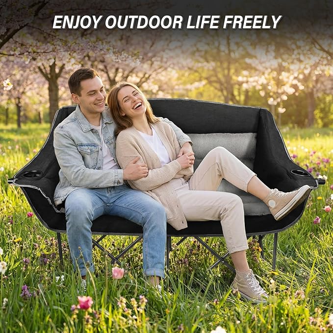 Fully Padded Folding Double Camping ChairsComfy Oversized Loveseat Lawn Chair w/Wine Glass HolderCup HolderHeavy Duty Outdoor Portable Camp Couch Support 600 LbsBlack