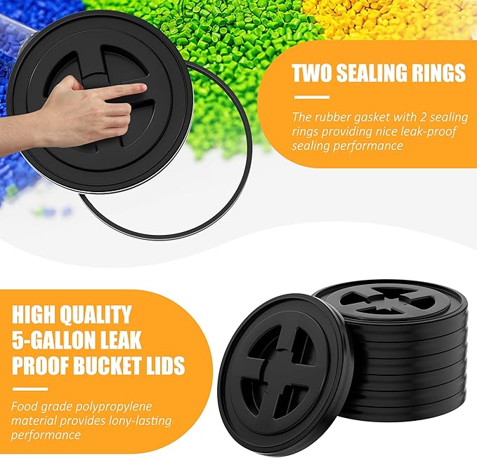 4 Pieces 5 Gallon Black Bucket Lids 12inch Leak-proof Plastic Seal Screw Top Airtight Lids Reusable Drum &amp Pail Seal Lid for Pet Food Storage Home Paint Storage and Industrial Storage Buckets