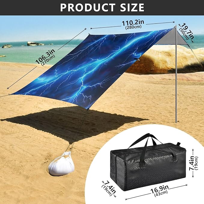 Blue Lightning Beach Tent Sun Shelter 9.2' x 10.5' Beach Canopy with 4 Sandbags 4 Stability Poles Sand Shovels - Tent Canopy for Beach Camping Fishing Picnics