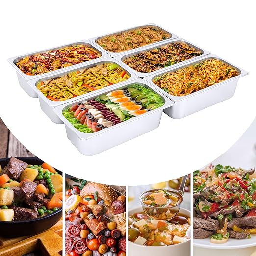 LOYALHEARTDY Steam Table Pan 6 Pack Pans 1/3 Size 4 Deep Commercial Hotel Pan 201 Stainless Steel Catering Food Pan Restaurant Supplies for Party Buffet and Event Catering