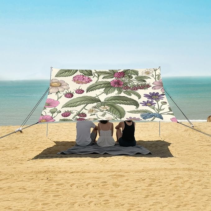 Wild Raspberries Pattern Beach Tent Sun Shelter 9.2' x 10.5' Beach Canopy with 4 Sandbags 4 Stability Poles Sand Shovels - Tent Canopy for Beach Camping Fishing Picnics