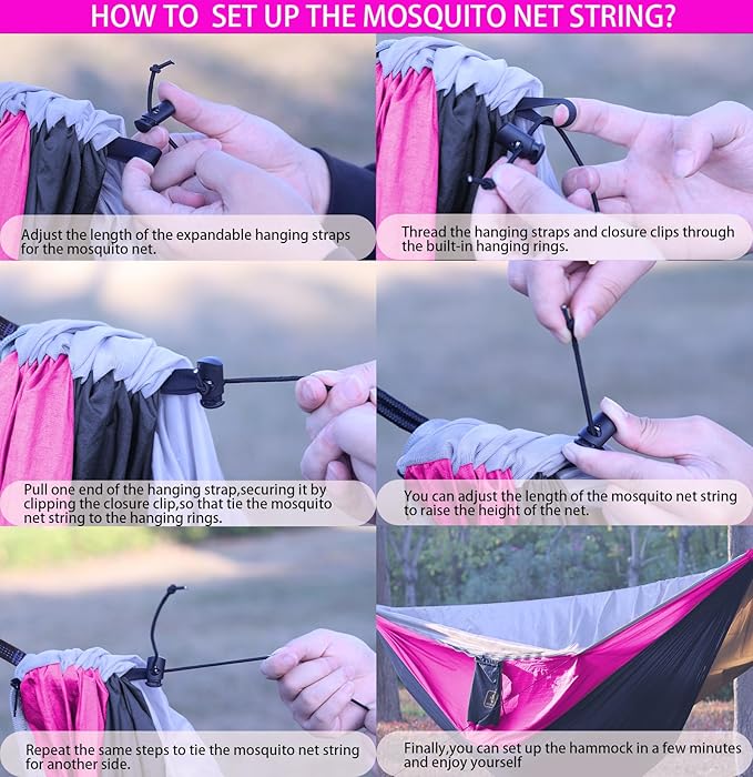 Camping Hammock Portable Hammocks with Mosquito NetLightweight Nylon Parachute Hammock with 10ft Tree StrapsCamping Gear Must Haves for Travel Hiking Backpacking Beach Patio-Black&ampPink