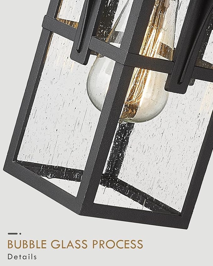 Outdoor Light Fixture HWH Large Outdoor Wall Lantern 1-Light Exterior Wall Mount Light with Seeded Glass Matte Black Finish 15 Height HX1B BK (Large)