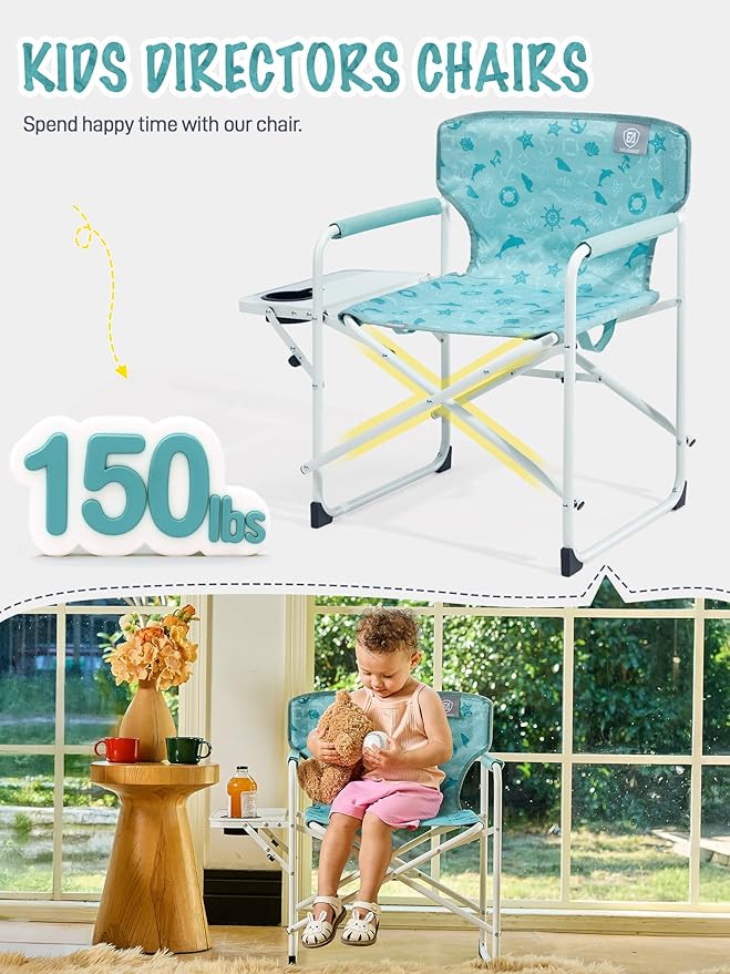 EVER ADVANCED Kids Directors Chair with Side table for Camping RV &amp Sports Padded Kid Outdoor Seat with Safety Lock Lightweight Portable Camp Chairs for Beach Balcony Patio Supports 150lbs G