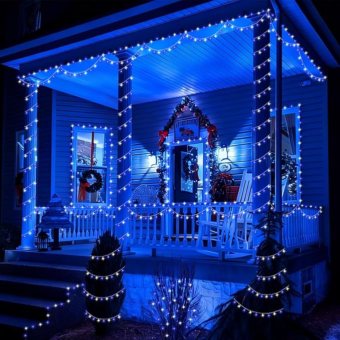 YEGUO 165ft 500 LED Blue and White Christmas Lights Outdoor Waterproof Clear Wire String Lights Indoor Plug in 8 Modes Clear Wire Twinkle Tree Light for Xmas Party Garden