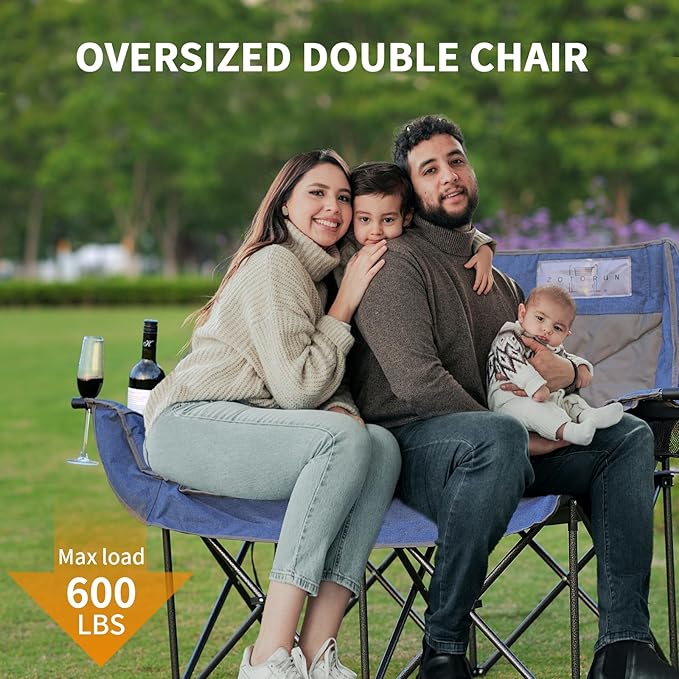 Portable Double Folding Love Seat Padded Camping Chair with Cup Holder Navy Blue and Gray