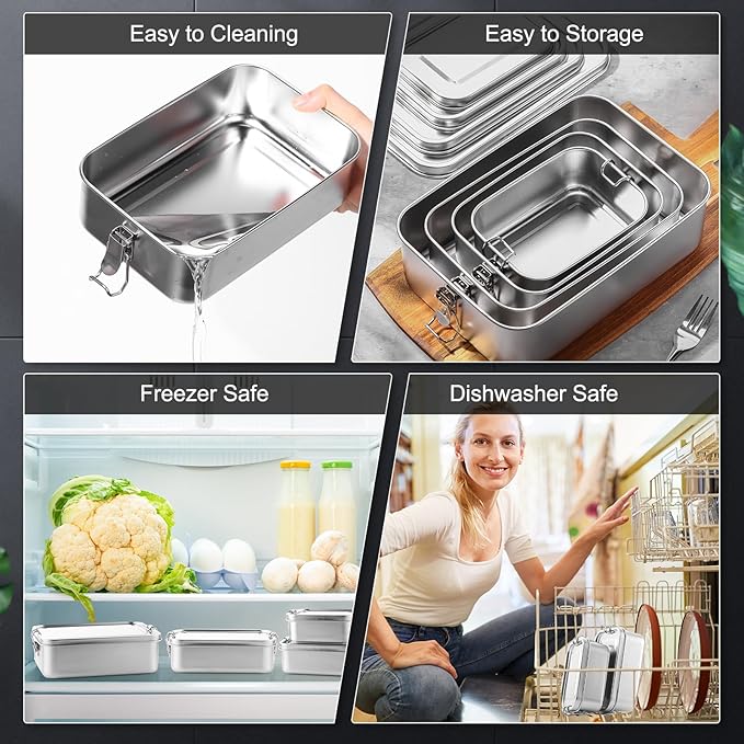 Umigy 12 Pcs Stainless Steel Food Containers 550/850/1400/2400 ml Metal Bento Lunch Box Stainless Steel Food Storage Containers Lockable Clips to Leak Proof Reusable Dishwasher Snack Boxes for Work