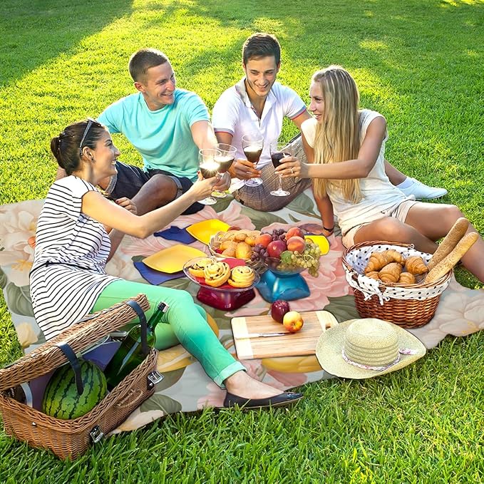 Waterproof Sandproof Beach Blanket 59''×68'' Fruit &amp Flower Polyester Outdoor Picnic Blanket with 4 Stakes &amp Storage Bag for BeachCampingVacation Pink