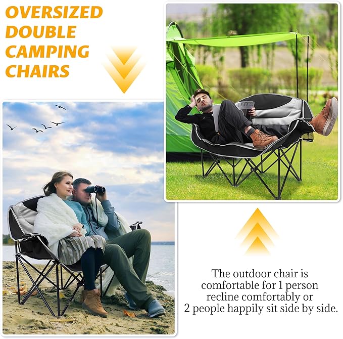 UBALANCE Double Camping Chair for Adults - Heavy Duty 650LBS Portable Camping Chairs Oversized Camping Loveseat Folding Camping Chair for Garden Lawn Sport Picnic Beach Fishing (Gray)