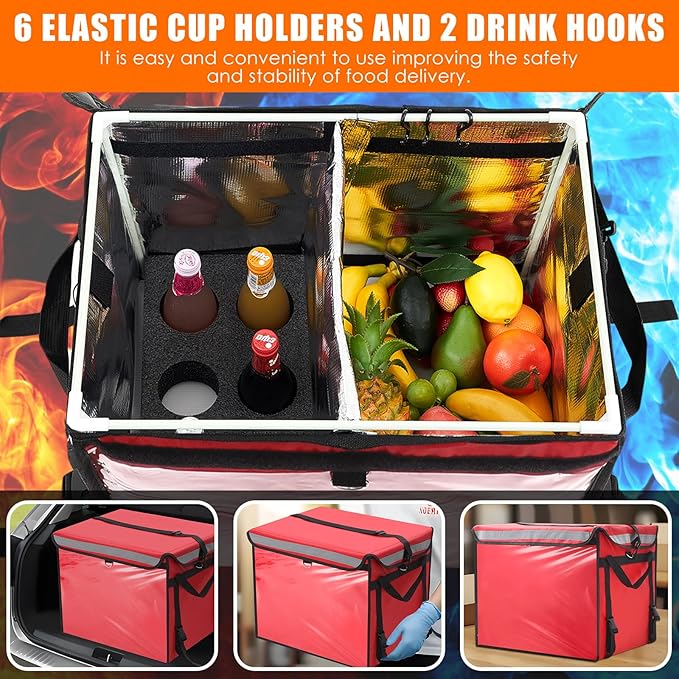 Insulated Food Delivery Bag for Bike with Rear Rack Pizza Delivery Box with Shoulder Belt and Internal Accessories Waterproof Internal Dimensions(Red18.5 x 13 x 13 Inches)