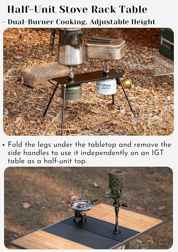 CAMPINGMOON Dual Burner Camping Cooktop Half Size IGT Top Detachable Legs Compact Table Removable Handles Non Slip Feet Outdoor Backpacking Stove Accessory BKZ06-L