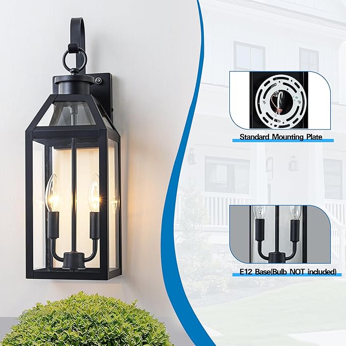 20 Dusk to Dawn Outdoor Wall Light with Sensor - Waterproof Exterior Wall Sconce for Porch Patio Garage Front Door Balcony Entry Modern Hardwired Lantern in Black Metal &amp Glass 2 Light - 2 P