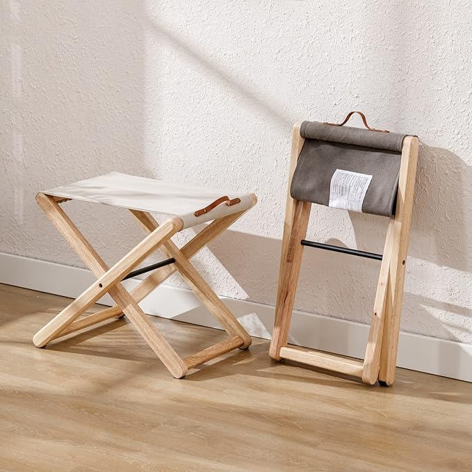 Wood Folding Camping Stools Set of 2 18.5 Hardwood Portable Fishing Folding Stool with Heavy Duty Metal Support Canvas Camp Stool Foldable Footstool for Outdoor Hiking Picnic BBQ Beige