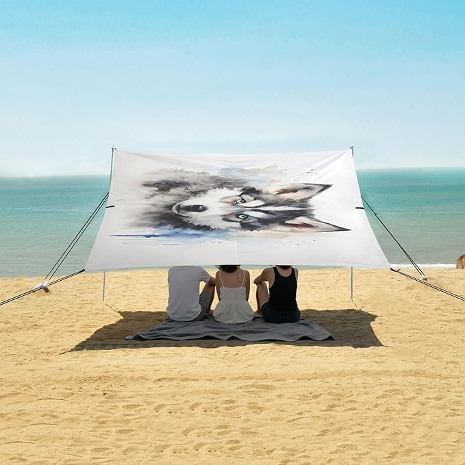 ALAZA Husky Dog Puppy Beach Tent Sun Shelter UPF50+ Protection Beach Shade Canopy w/ 4 Sandbags for Outdoor Camping Fishing Backyard Fun Picnic 10x9 ft