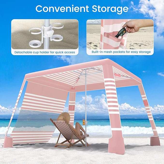MoKo Beach Cabana 8'×8' Large Beach Canopy with Side Wall UPF 50+ Protection Easy Setup Beach Tent Sun Shelter Adjustable Height Wind Resistant Cabana Beach Tent for Whole Family Pink Stripe