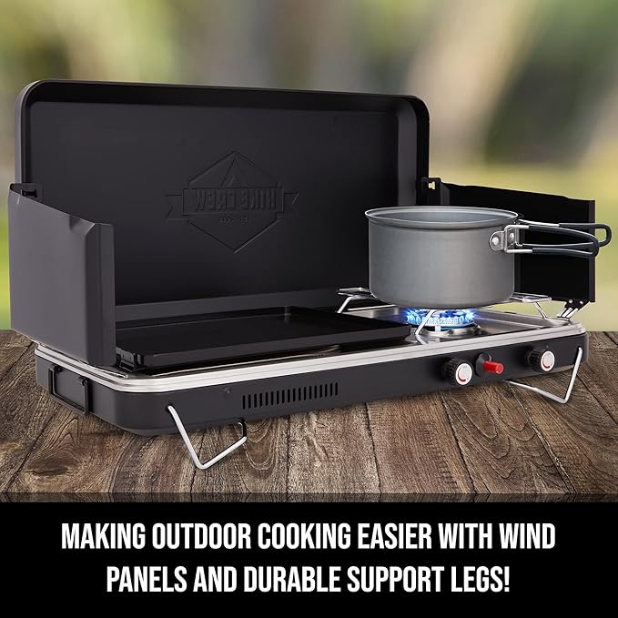 Hike Crew 2-in-1 Gas Camping Stove and Griddle Portable Propane Burner w/Integrated Igniter &amp Stainless Drip Tray | Built-in Carrying Handle Foldable Legs &amp Wind Panels | Includes Regulator