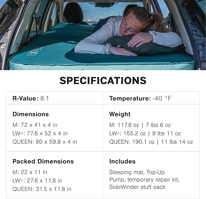 Exped MegaMat Duo Medium - Self Inflating Soft Car Sleeping Mat 4” Foam Pad Pump Included