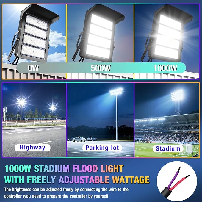 ledmo 1000W Dimmable Led High Mast Stadium Light Outdoor Ultra-Bright 120000LM Flood Lights 5000K 100-277V Commercial Arena Light Heavy-Duty IP66 Waterproof Big Area Lighting for Sport Court