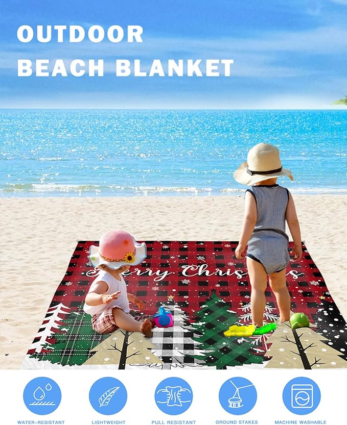 Beach Blanket Waterproof Sandproof Christmas Tree Red Black Buffalo Plaid Quick Drying Beach Mat with 4 Stakes Winter Snowflake Seamless Lightweight Picnic Blanket for Travel Camping 83x79