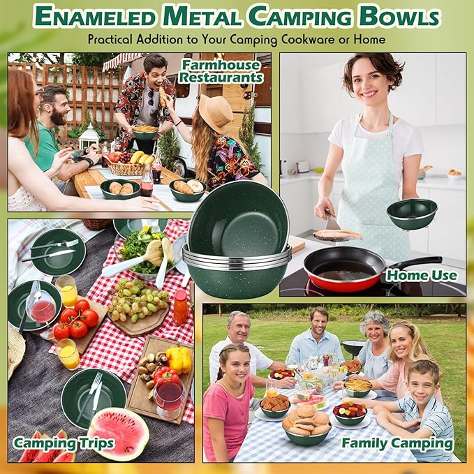 Sawysine 8 Pcs 6 Inch Enamel Bowl for Camping and Backpacking Enamelware Mixing Bowls Camping Cookware for Outdoor Cooking Picnic Snacks Home Farmhouse(Green)