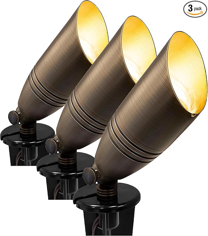 GKOLED UL Listed Solid Brass Landscape Spotlight Low Voltage Outdoor Directional Uplight with 5W MR16 LED Bulb &amp Large Rugged Slot Spike 12V AC/DC Garden Patio Spot Up Light (Pack of 3)