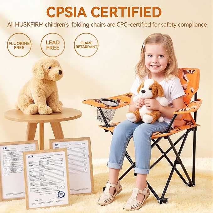 Padded Kids Camping Chair Folding Toddler Chair with Cup Holder &amp Safety Lock Portable Kids Beach Chair Ages 3-6 for Outdoor Camping Foldable Kids Chair Support 120lbsOrange Dog