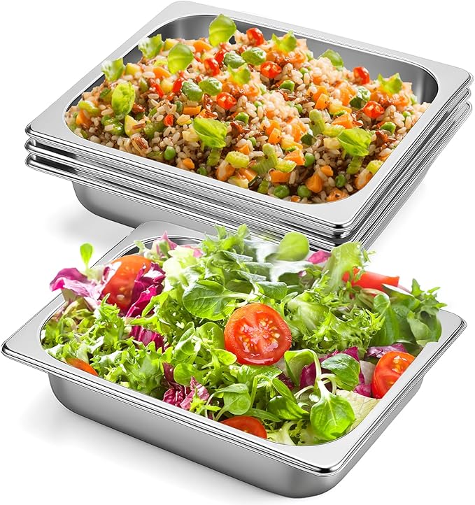 4 Pack Hotel Pans 1/2 Size 2.5 Inch Deep Stainless Steel Steam Table Pan Half Size Catering Food Pans Catering Food Storage Metal Pan for Home Party Hotel Buffet Restaurant