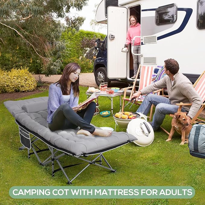 2 Pack Wide Folding Camping Cots with Pillow &amp Extra Thick 3 Inch Matress Cots for Sleeping 900 LBS Camping Bed for Adults with Cushion Sleeping Cot (Grey)
