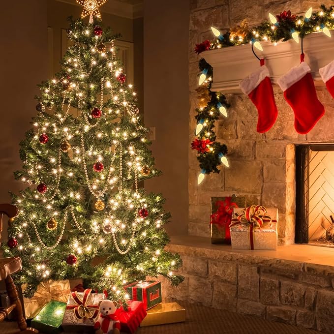 2 Pack 100LED C6 Christmas Lights Battery Operated 16.4FT C6 Christmas Lights Battery Powered with Timer 8 Modes Waterproof for Outdoor Garden Patio Indoor Xmas Tree Bedroom Party Warm White