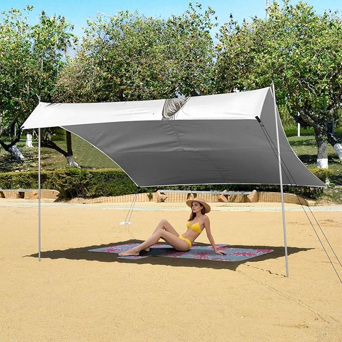 Cat Drawing Beach Tent Sun Shelter 9.2' x 10.5' Beach Canopy with 4 Sandbags 4 Stability Poles Sand Shovels - Tent Canopy for Beach Camping Fishing Picnics