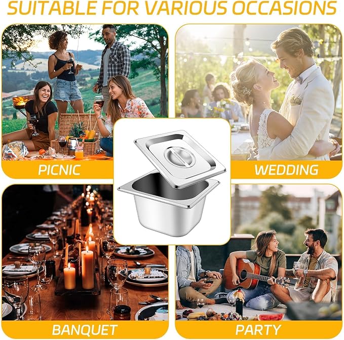 10 Set Stainless Steel Hotel Pans with Lids 1/6 Size 4 Inch Deep Steam Table Pans Food Containers Catering Food Storage Metal Pan Lid Anti-Jam Steam Pan Cover for Commercial Restaurant Hotel Buffet
