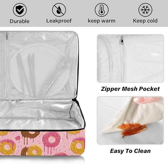Casserole Carrier Pink DoughnutInsulated Casserole Carrier for Hot or Cold Food Thermal Lunch Tote for Potluck Parties Picnic Beach Fits 9 x 13 Inches Baking Dish